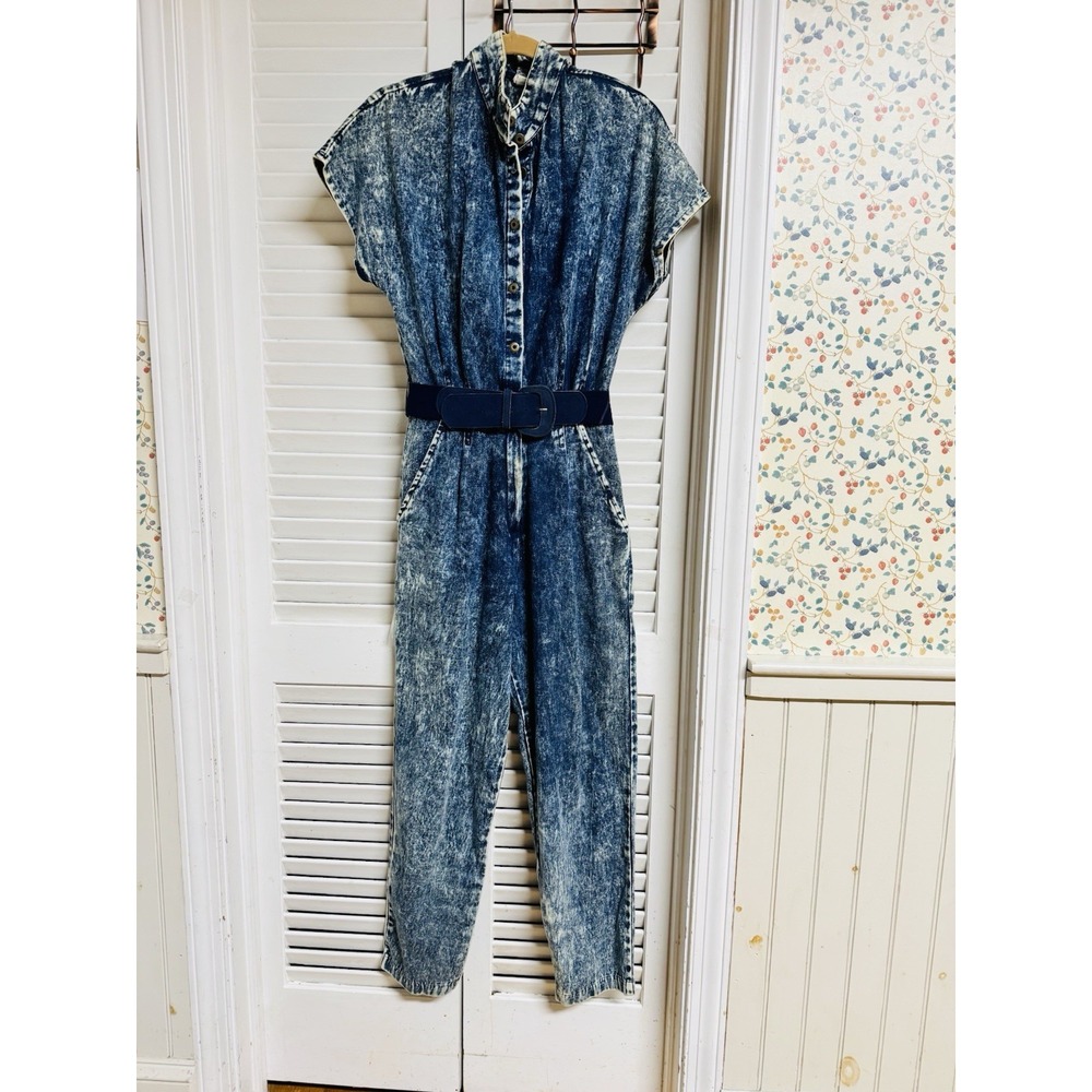 PG Collections Ginger Bort Vintage 80's Acid Wash Denim Jumpsuit  6/8/10 Belted